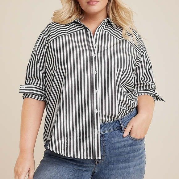 Plus Size 90s Prep Stripe Button Up Shirt - Picture 1 of 6